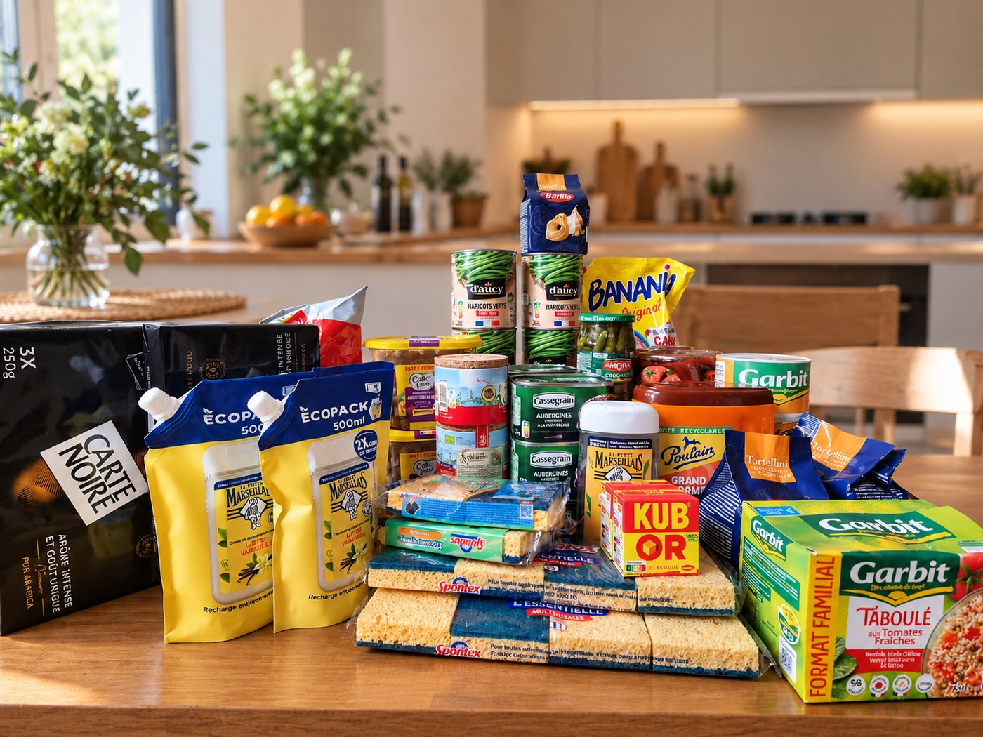 One crate’s worth of shopping laid out on arrival: Carte Noire coffee, d’aucy and Cassegrain tins, Garbit taboulé, Banania, Kub Or, Poulain, tortellini, Le Petit Marseillais and Spontex